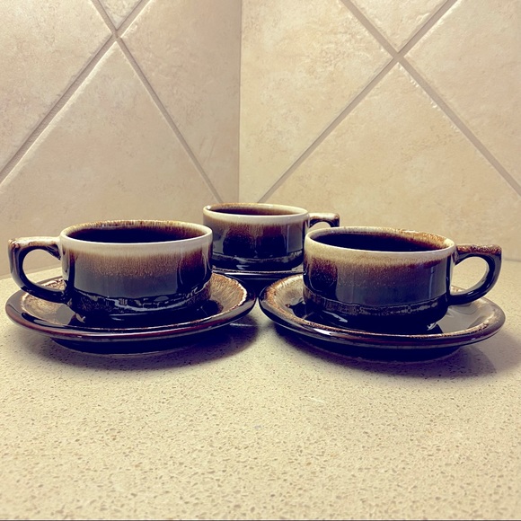 VINTAGE Pfalgraff Brown Drip coffee and saucer set for 3 - Picture 2 of 3